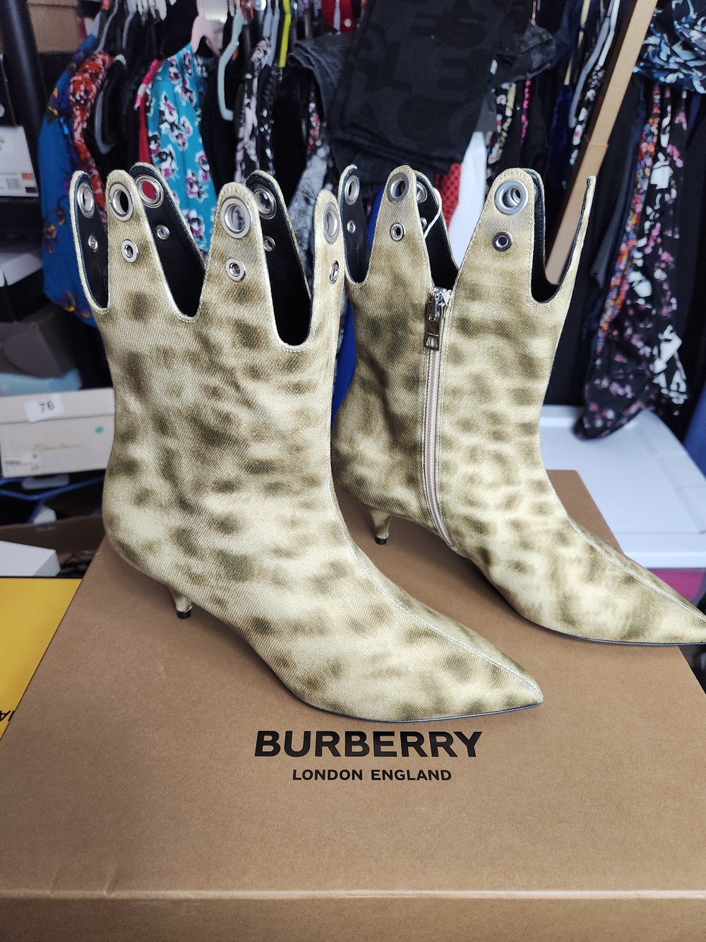 Burberry Women's Leopard-Print Pointed Kitten-Heel Ankle Boots - Beige